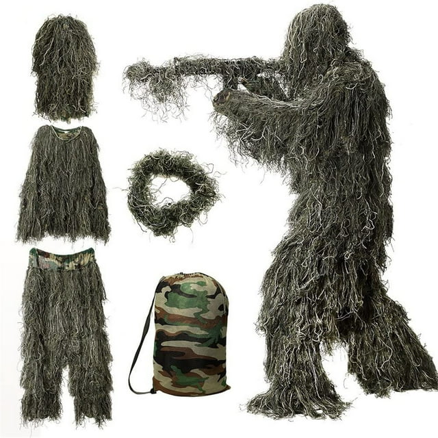 5 in 1 Ghillie Suit, 3D Camouflage Hunting Apparel Including Jacket, Pants, Hood, Carry Bag