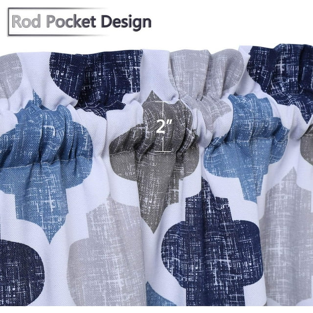 Volkmi 10CM 2Pcs Morocco Print Polyester Cotton Kitchen Tiers Room-Darkening Rod Pocket Small Window Curtain Set (Dark blue grey)