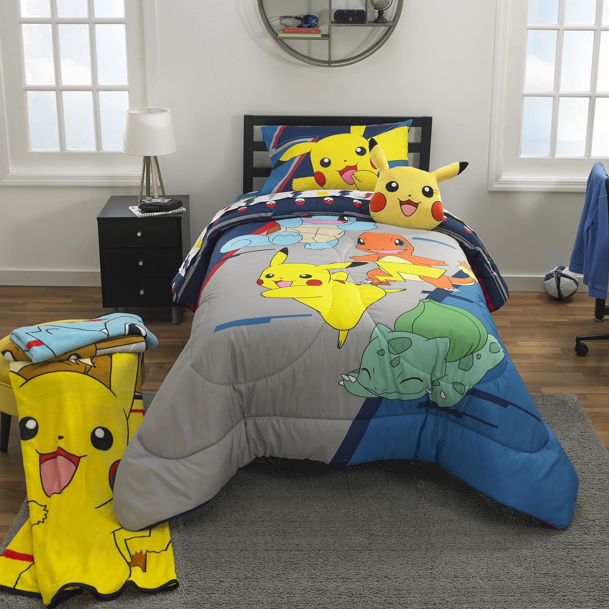 4-Piece Bedding Set Twin Size Pokemon Kids Reversible Comforter Sheet Bonus Tote 