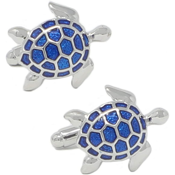 MENDEPOT Bouton de Manchette Tortue de Mer Ton Argent avec Émail Bleu Transparent