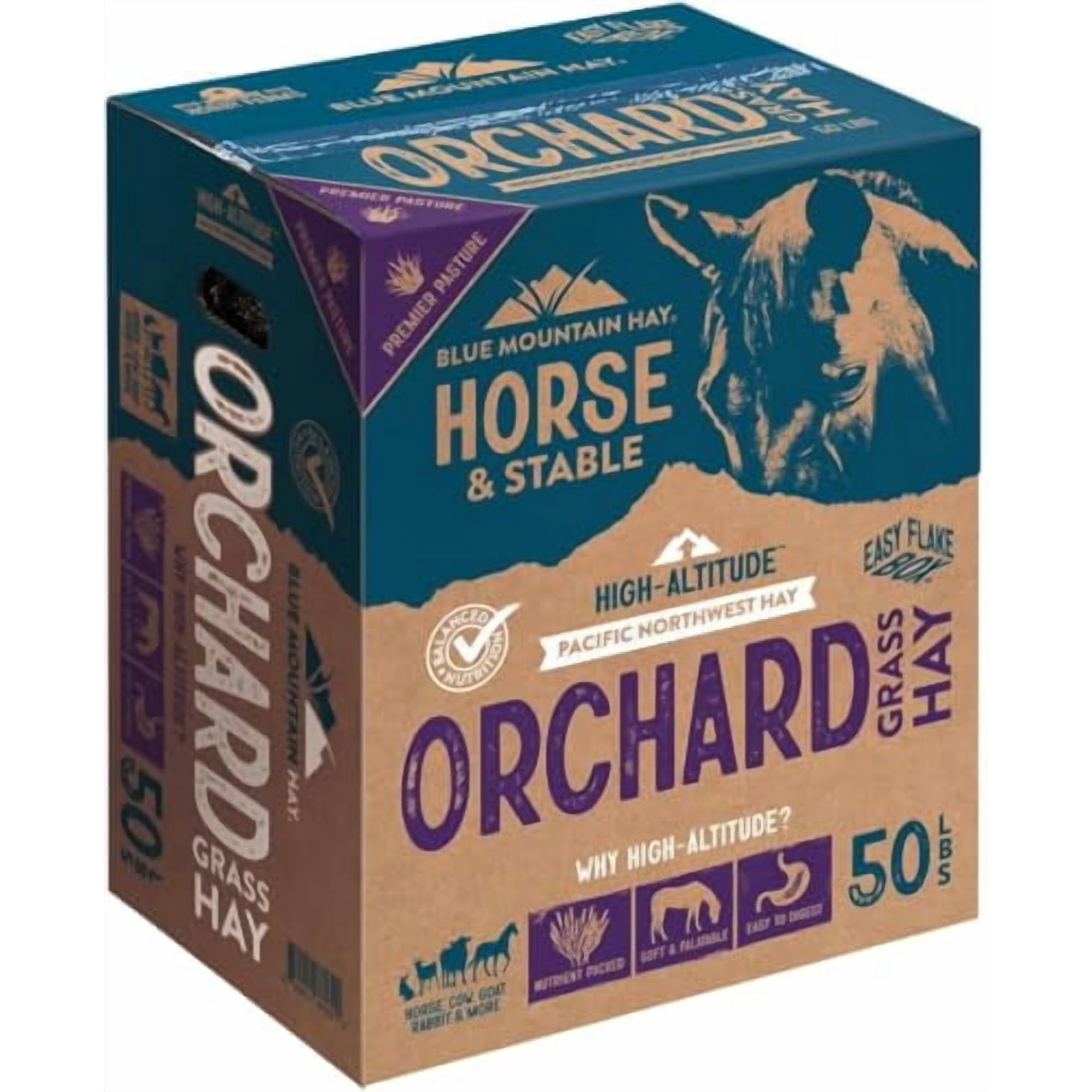 Blue Mountain Hay High-Altitude Orchard Grass Hay Easy Flake Box (50 lb),Leafy Texture, High Protein Fiber & Minerals, Easy Storage Feed Solution for Homestead Use