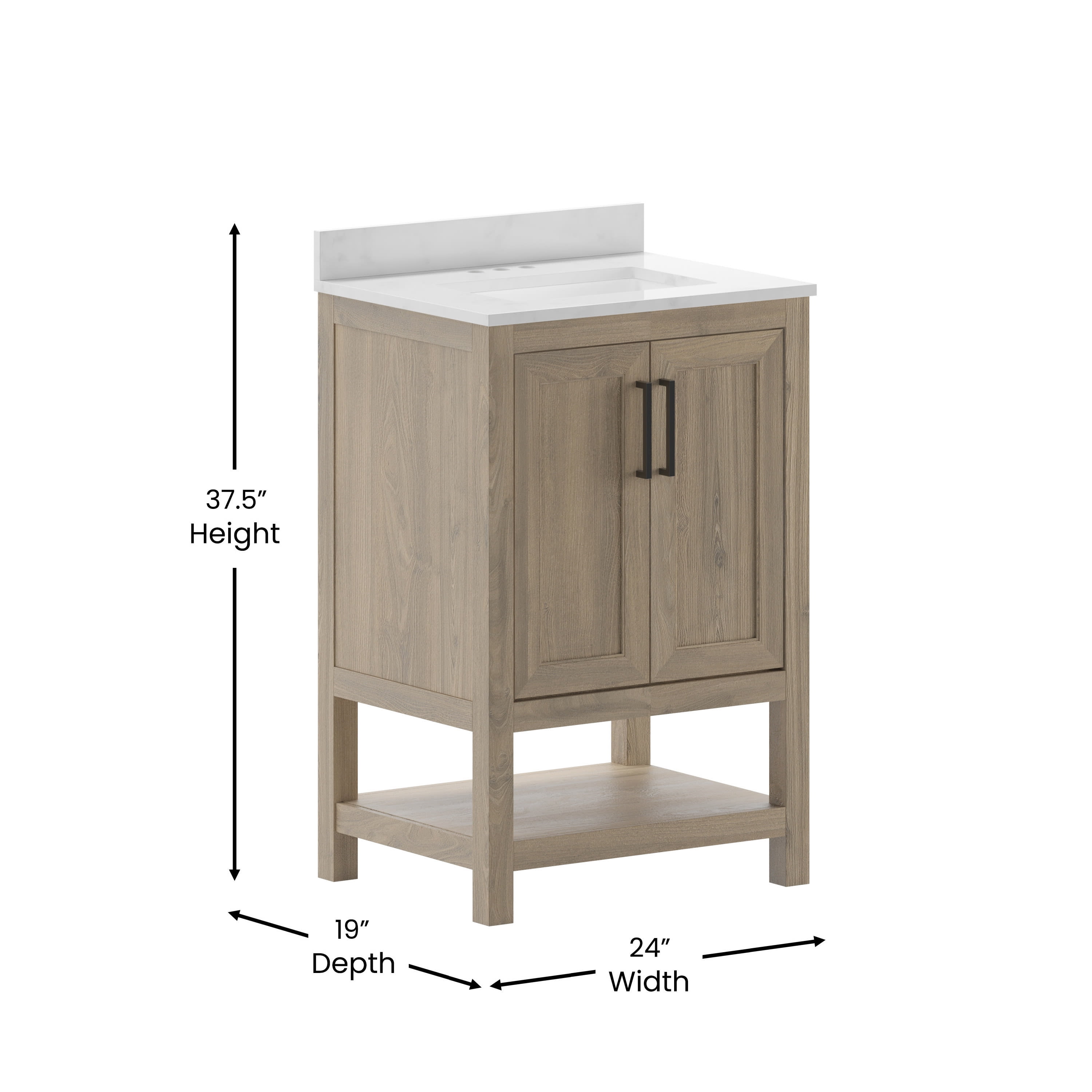 Merrick Lane 24 Inch Bathroom Vanity with Ceramic Sink, Carrara Marble Finish Countertop, Storage Cabinet with Soft Close Doors and Open Shelf in Brown
