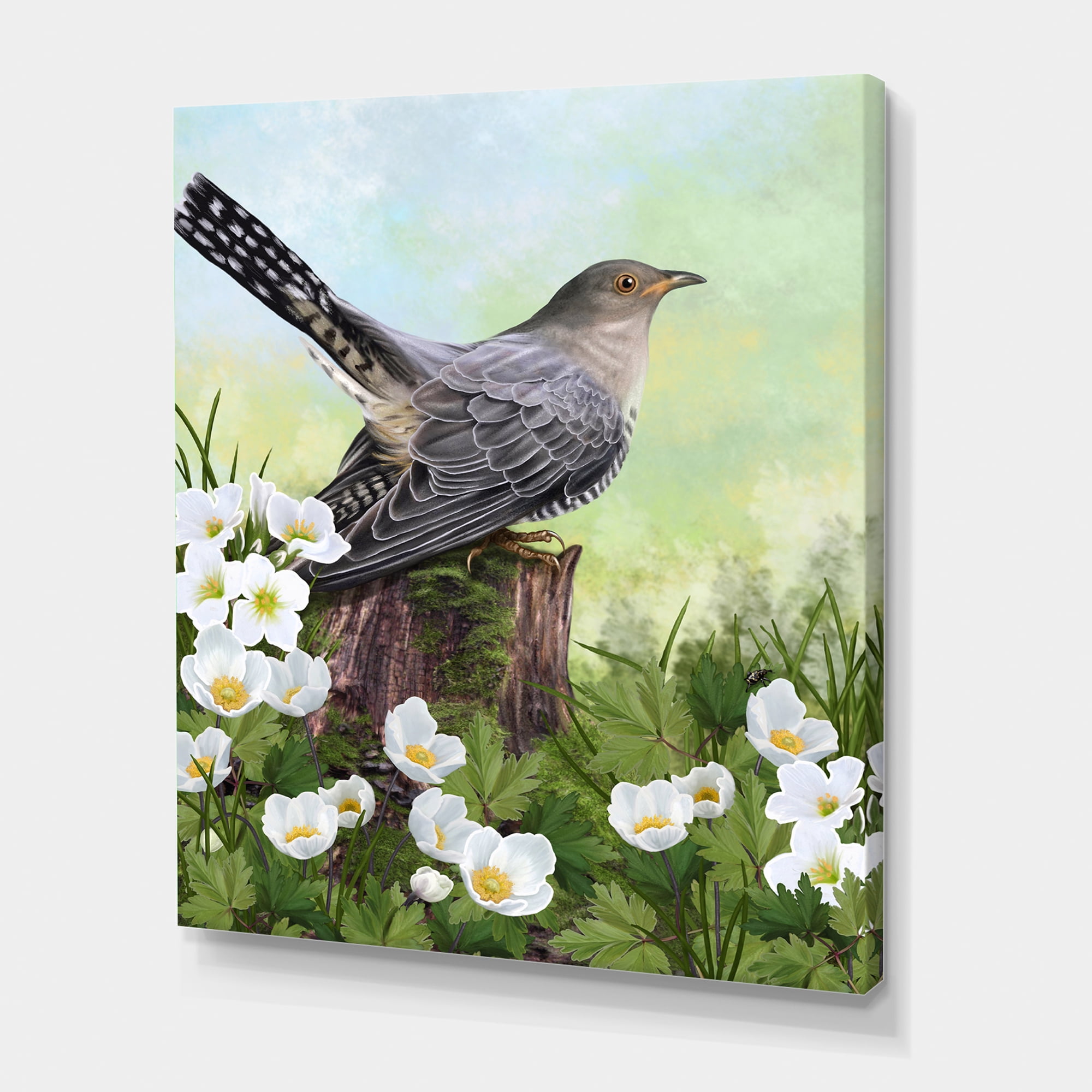 Cuckoo Bird On An Old Stump and White Flowers 30 in x 40 in Painting Canvas Art Print, by Designart