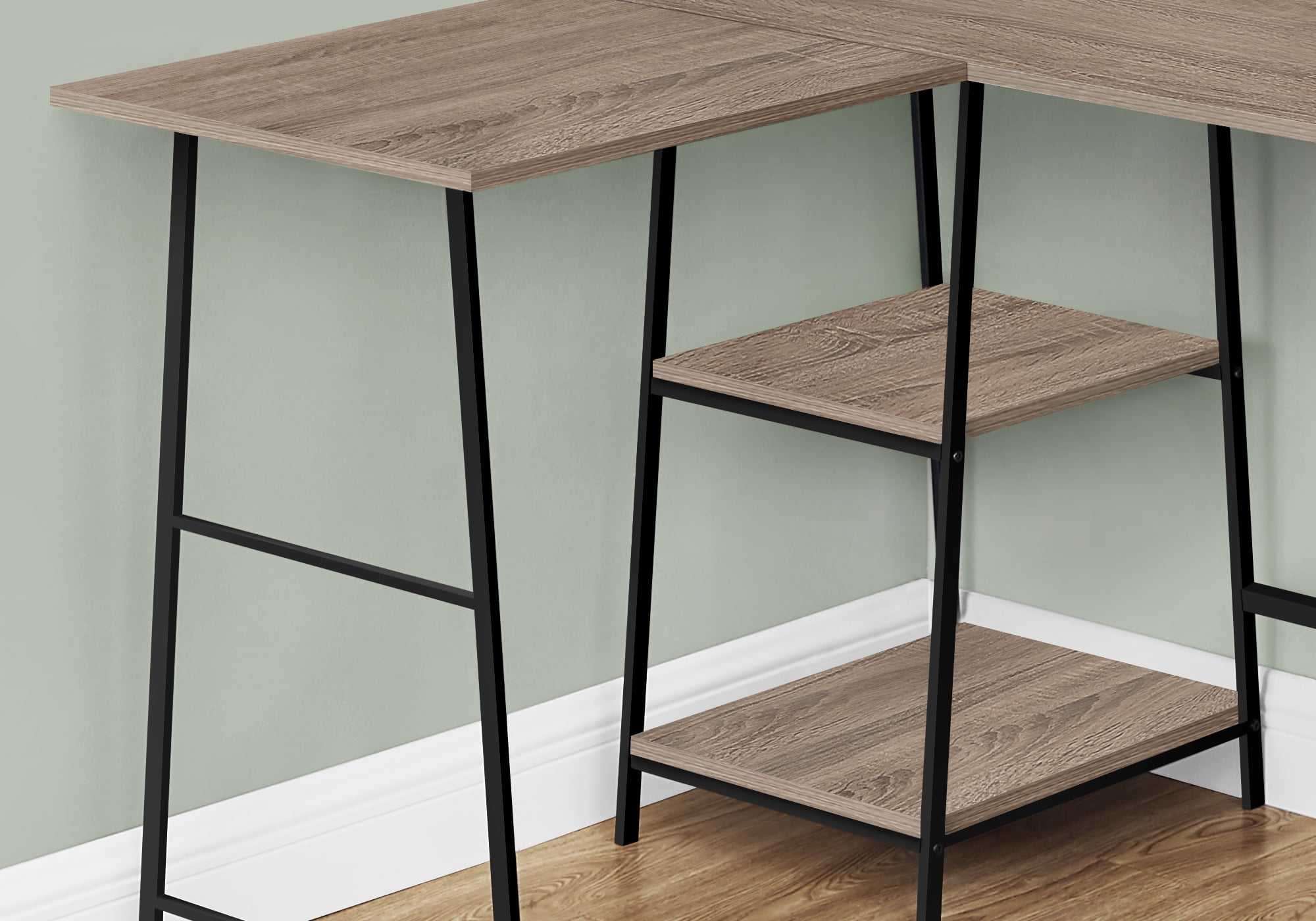 48 Inch L Shaped Dark Taupe Computer Desk with Black Sawhorse Legs and Shelves