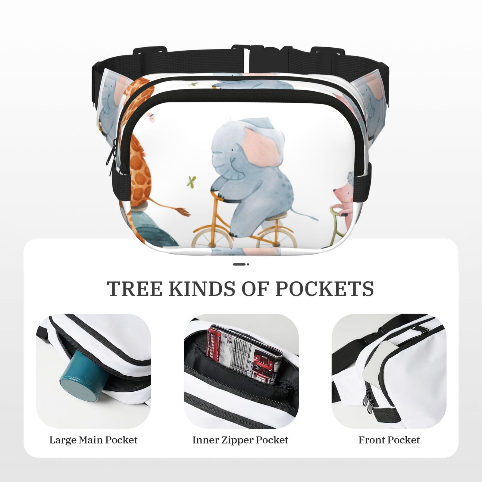 Picia Animals in Transport Print Square Double-Layer Waist Bag Mini Adjustable Waist Belt Bag Exercise Running Travel Hiking
