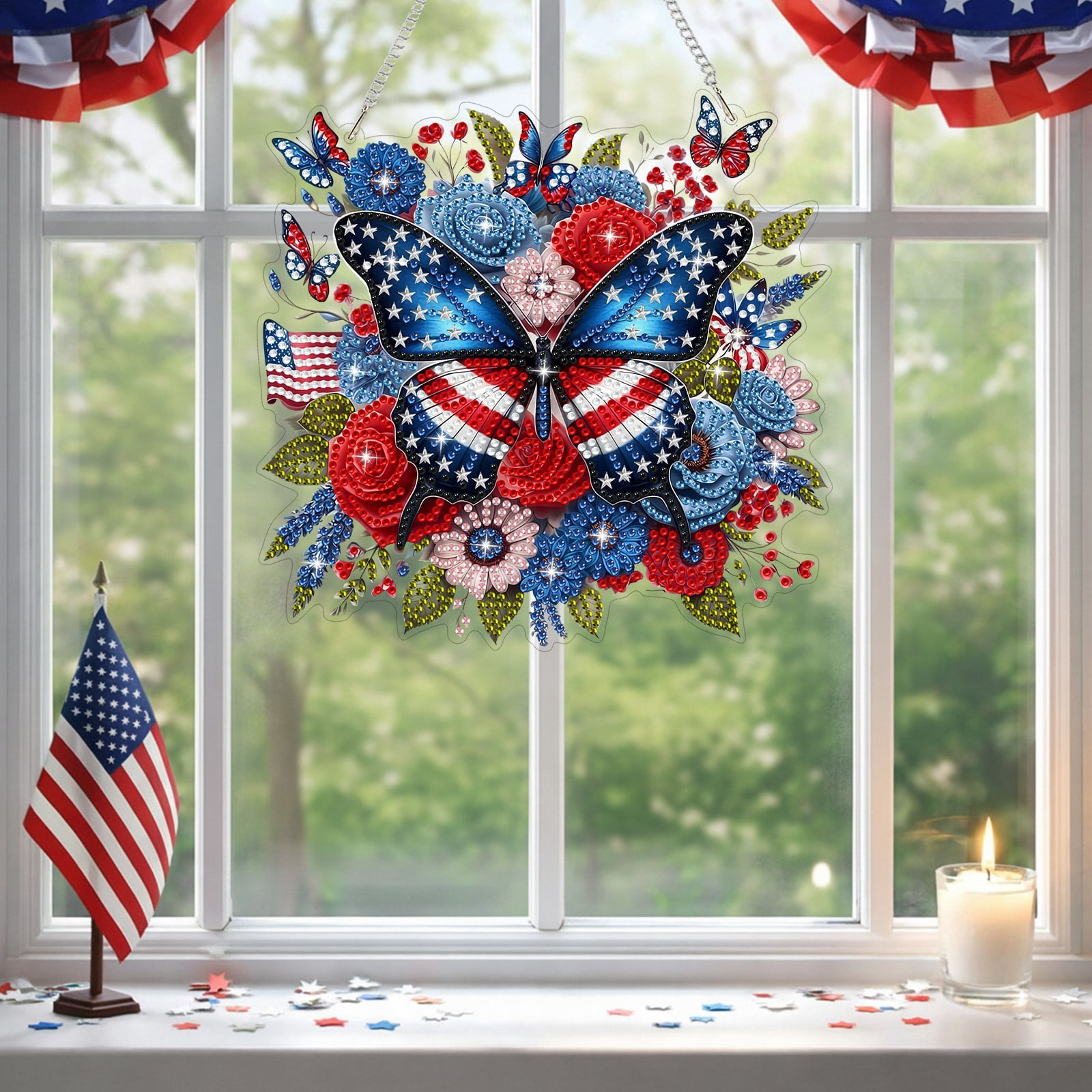 FLOPESN  DIY Diamond Art Kits, American Independence Day USA Butterfly Style, 8.27*8.27in Diamond Painting Pendant, Creative Design Wall Decor