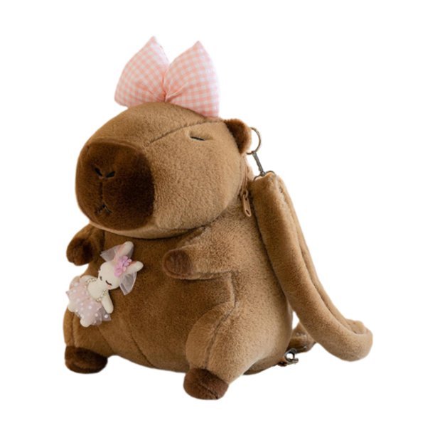 Mochila de peluche de carpincho con estilo y dibujos animados para niños y niñas. Lazo rosa