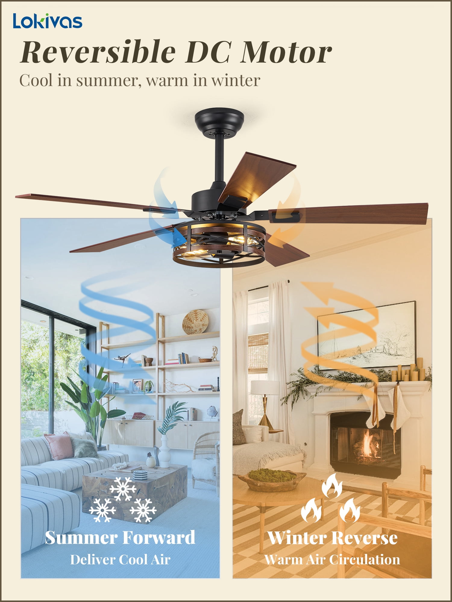 Lokivas 48in Farmhouse Ceiling Fan with Lights, 6-Speed, Remote Control, Quiet DC Motor