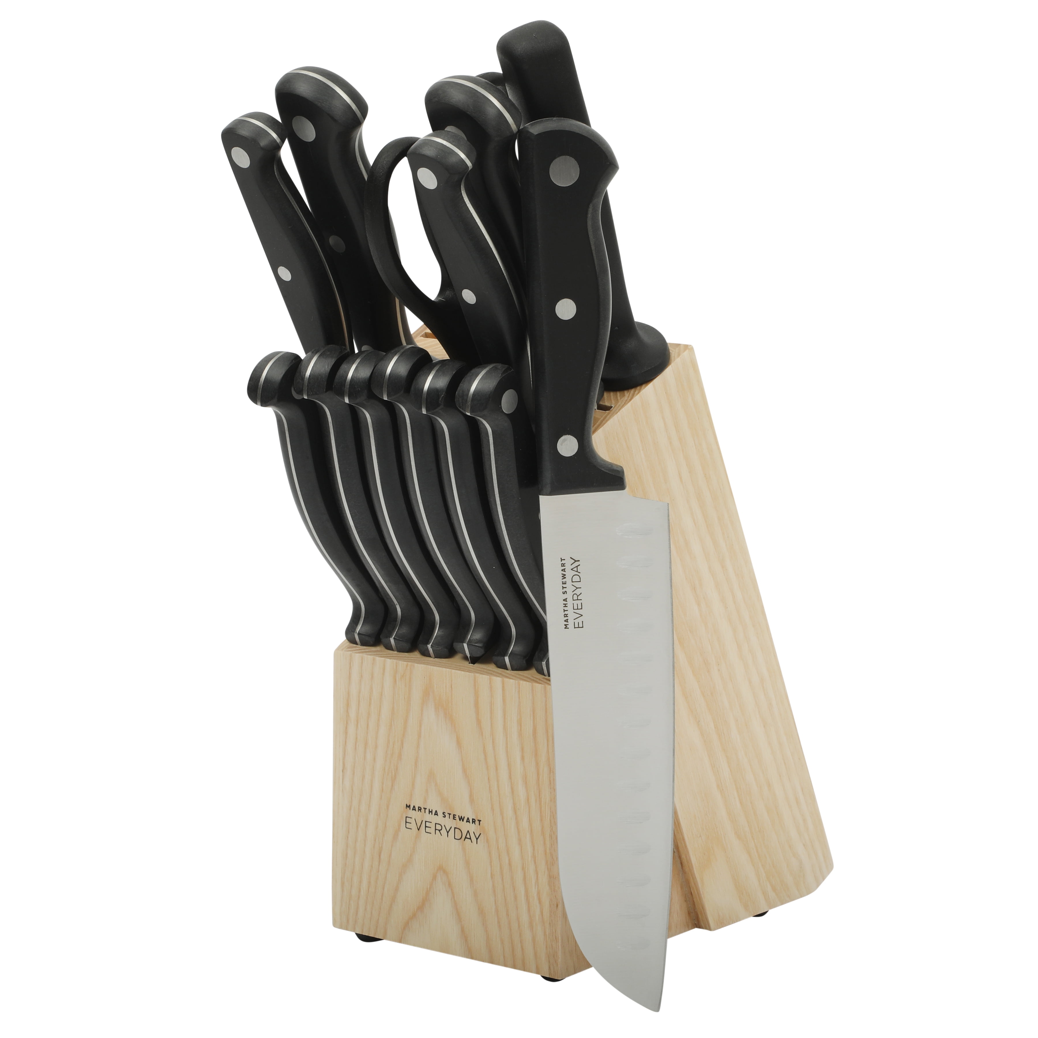 Martha Stewart Everyday Keswick 14-Piece Stainless Steel Kitchen Knife Set with Wood Block, Black