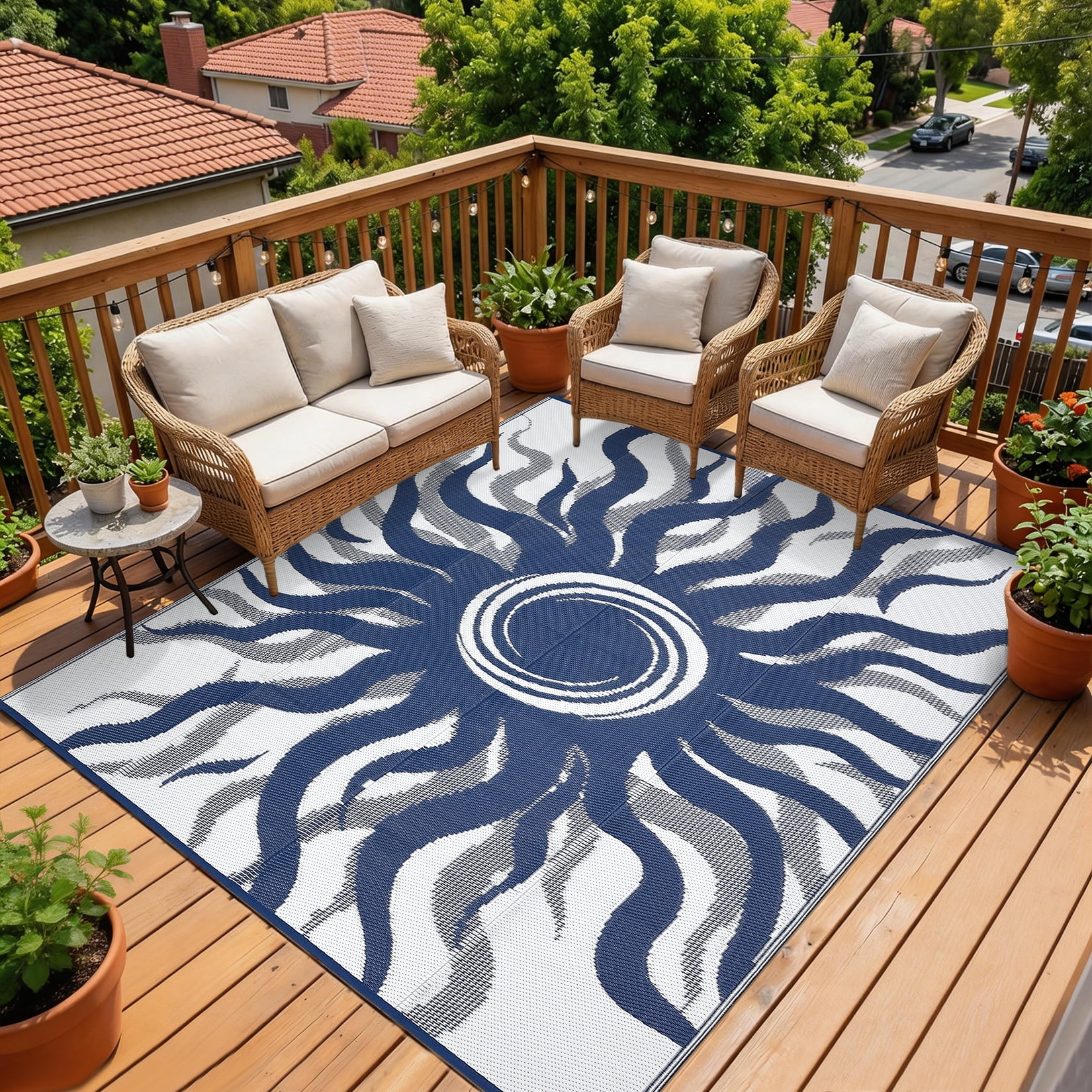 Garvee 9x12ft Outdoor Rug Waterproof Reversible Plastic Straw Rug, Modern Boho Sun Pattern Rug, Large RV Camping Mat Portable Outdoor Carpet for Patio, Balcony, Picnic, Beach, Deck, Dark Blue