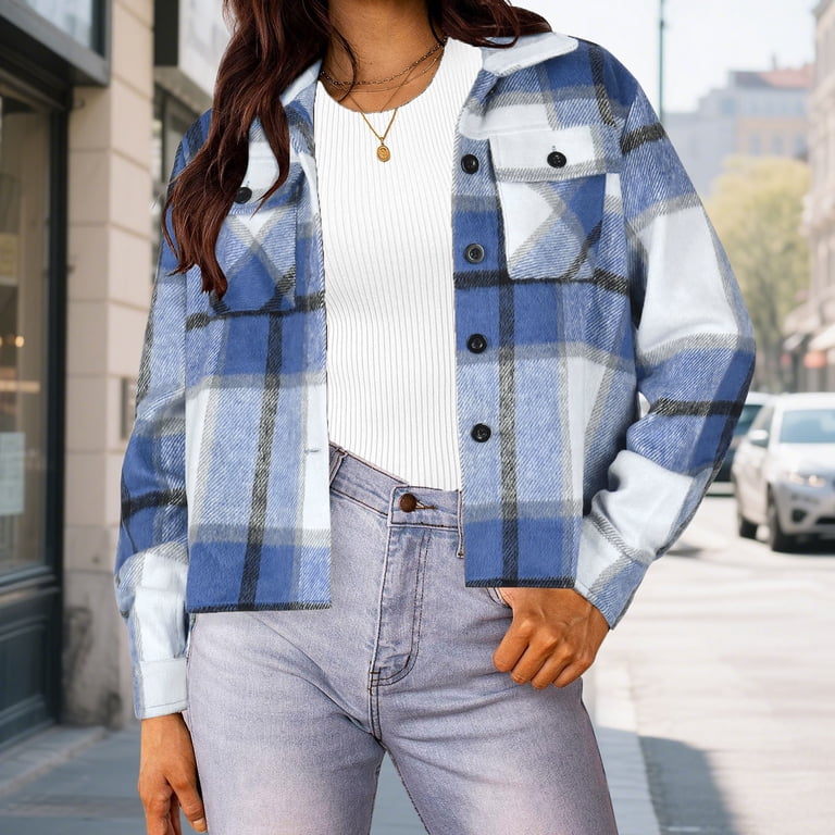 Atogsazn Flannel Plaid Jacket for Women Casual Long Sleeve Cropped