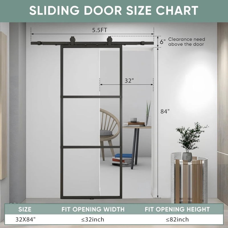Easy4Home 32"x84" Clear Glass Sliding Barn Door with Track and Hardware Kit