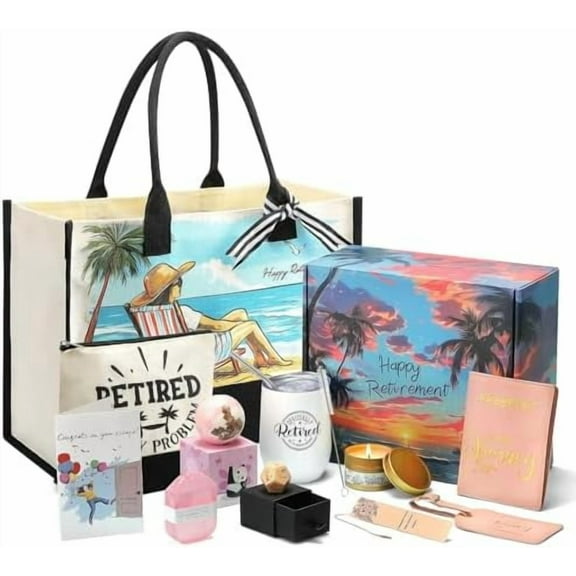 Retirement Gift for Woman 2025,11 Pcs Happy Retired Gifts with Retirees Tumbler, Travel Tote Bag Set,Funny Decider Dice, Best Retirement Gifts Baskets for Coworker Teacher Nurses Friends