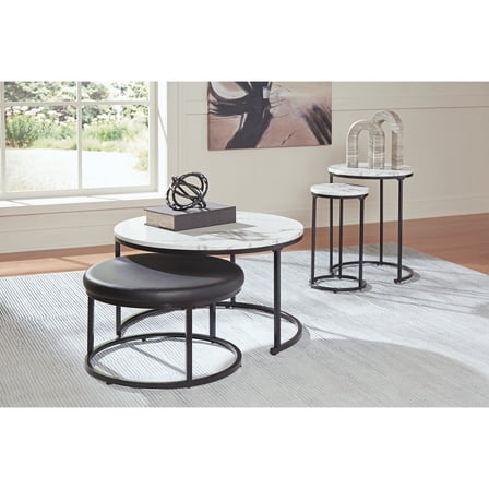 Signature Design by Ashley Jusmour Occasional Nesting Table and Ottoman Set, Faux Marble Top with Black Frame