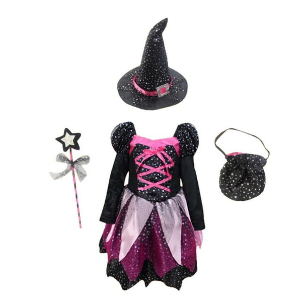 Disfraz de bruja de Halloween para niñas con sombrero, varita, bolso y vestido de princesa gatita. Sin Luz 120cm