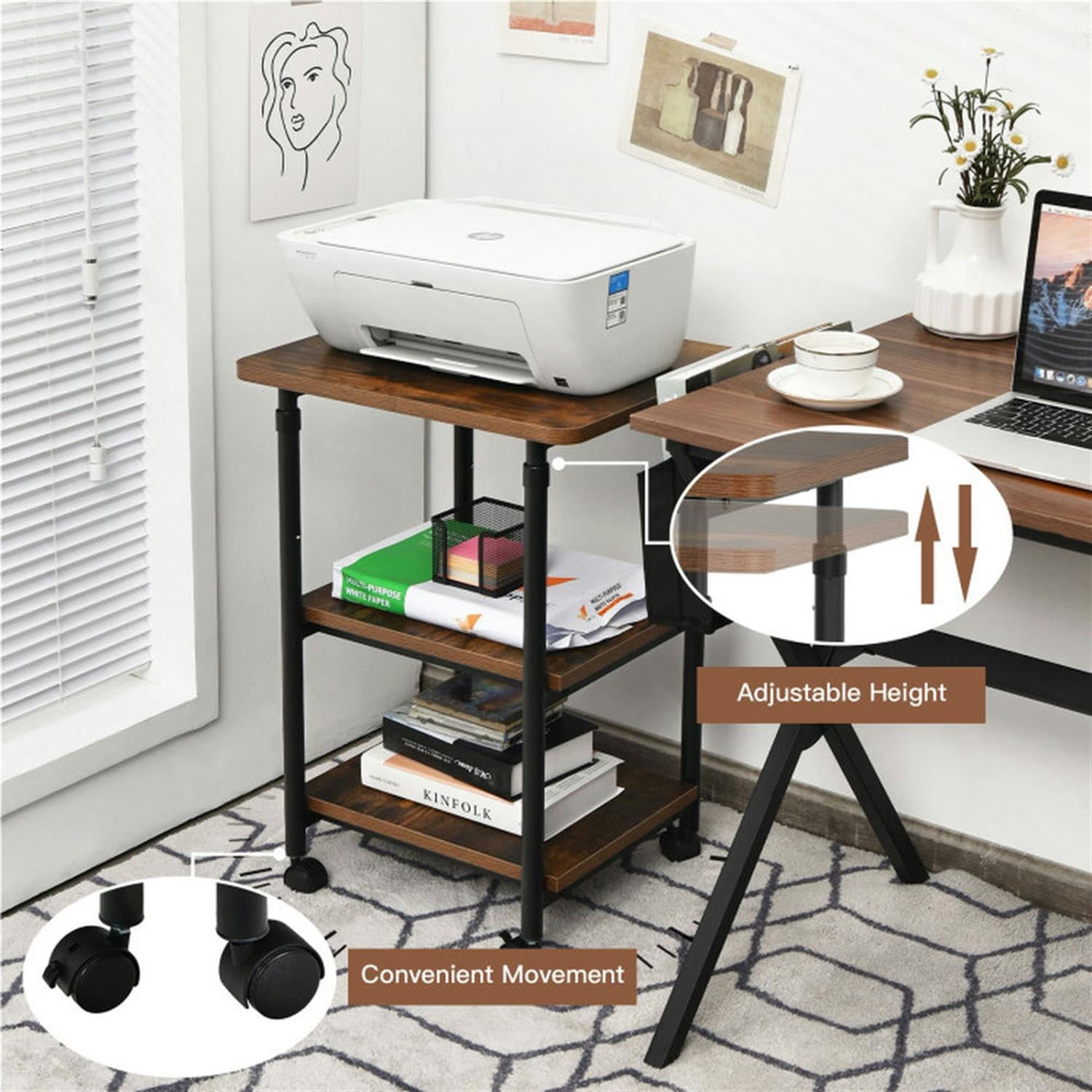 Demi Bonn 3-tier Adjustable Printer Stand with 360° Swivel Casters, Laptop Workstation for Laptops, Books, Tablets, and Art, Brown