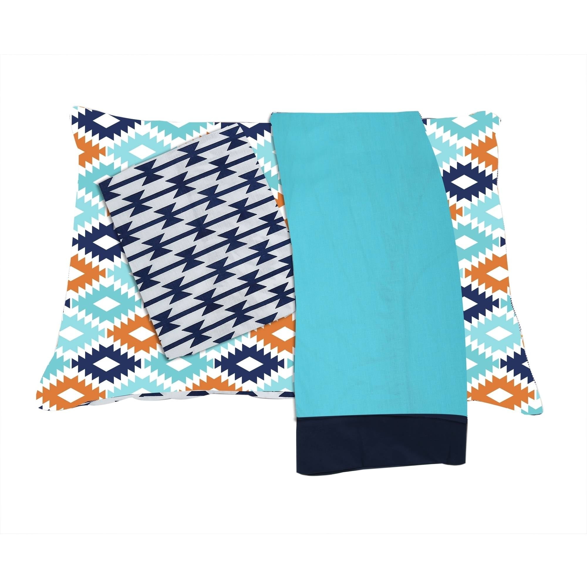 Bacati - Liam Aztec 3-Piece 100% Cotton Percale Toddler Sheet Set, Aqua/Orange/Navy