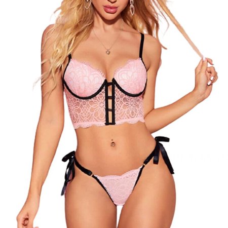 

SUANMAY Womens Sexy Lingerie Two-Piece Floral Lace Underwear Set Sexy Teddy Bra and Panty Set Pink XL