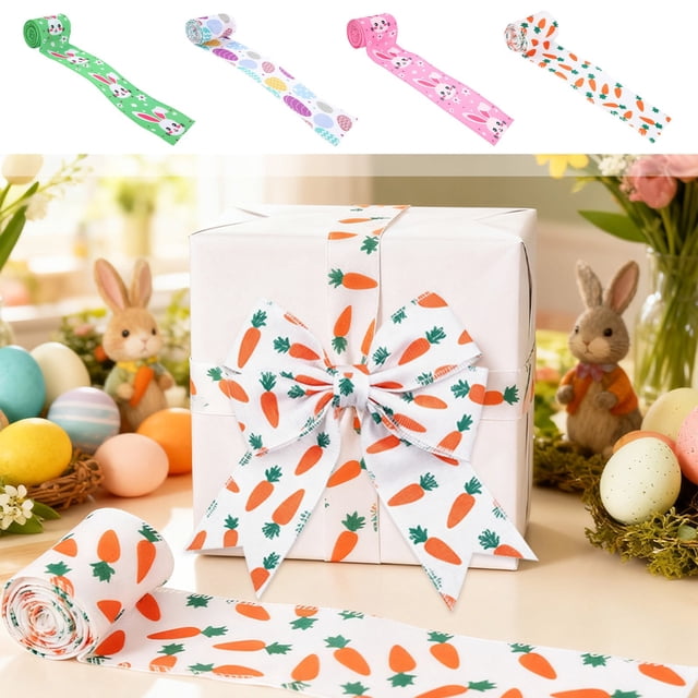 Easter Ribbon With Rabbit and Egg Patterns, Sewn Edge Craft Ribbon for Diy Gift Wrapping and Holiday Decor, Pink