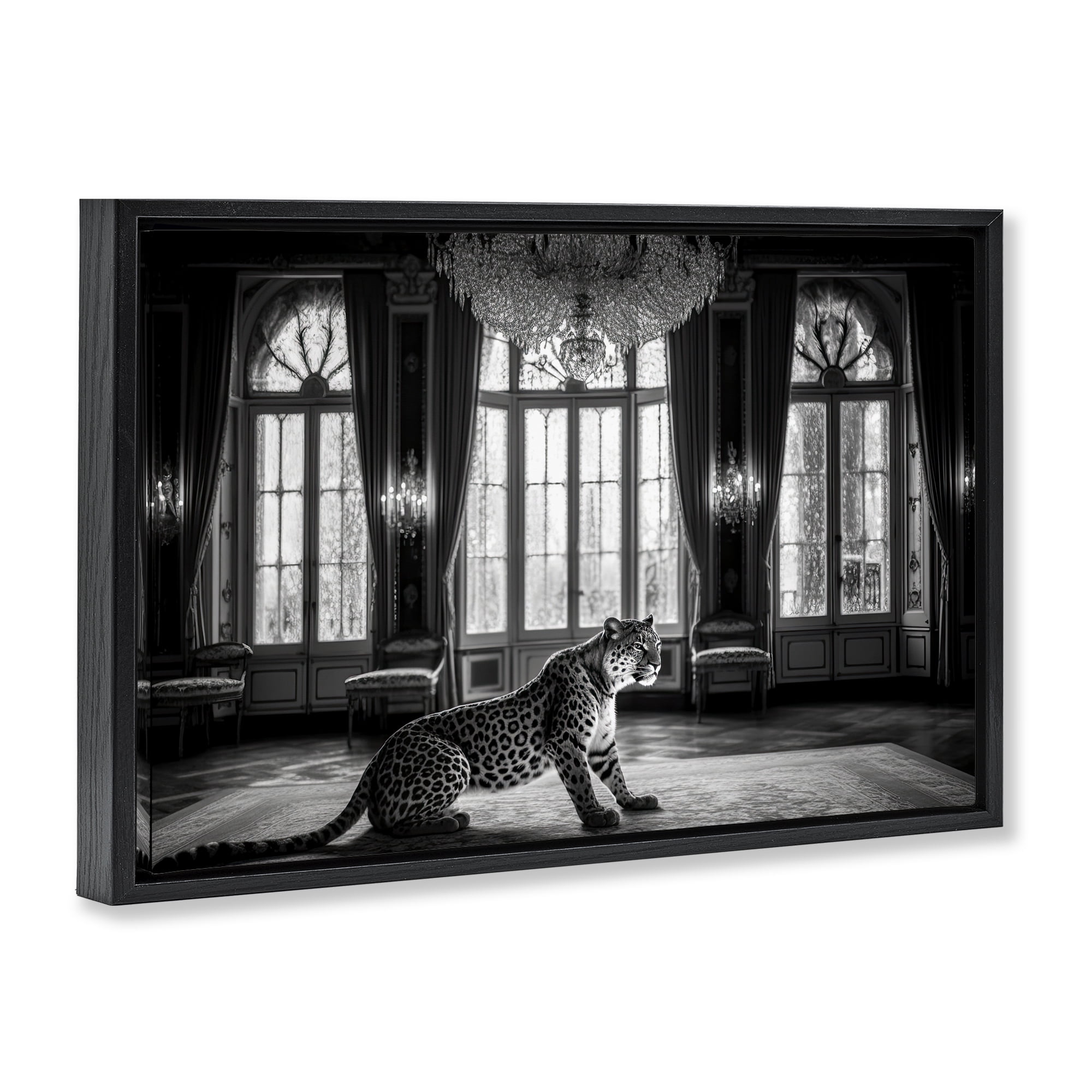 Snow Leopard in Opulent Mansion Black Framed Floater Canvas Wall Art, design by Decent Exposures