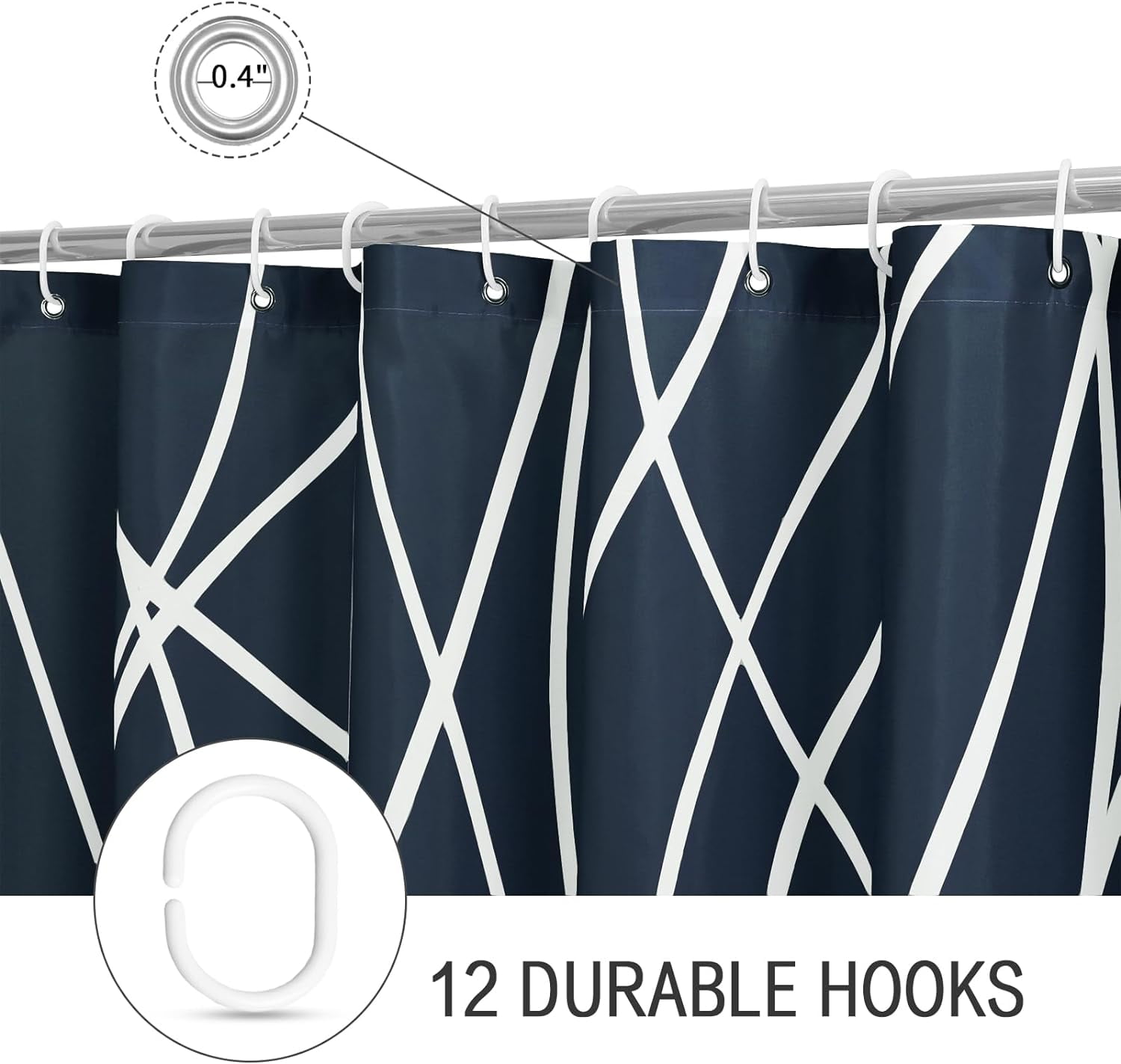 Abstract Striped Shower Curtain, Modern Minimalist Waterproof Fabric Shower Curtain Set with Hooks 72" x 72" - Navy Blue