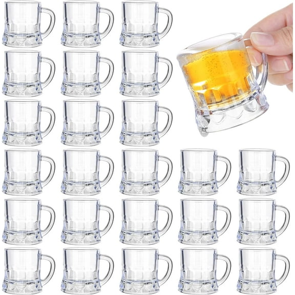 24 Pieces Mini Plastic Beer Mugs 2 Ounce Mini Beer Mug Shot Glasses with Handles Reusable Clear Beverage Stein Tasting Glasses for Festival Party Barbecue Wedding Supplies