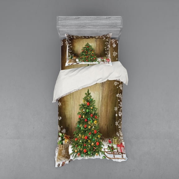 Ambesonne Christmas Bedding Set 3 Pcs, Pine Tree Presents, Twin XL, Multicolor