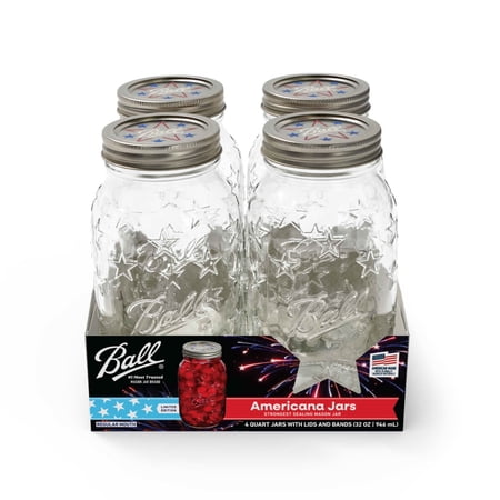 Ball 32 oz Limited Edition Americana Mason Jars  Regular Mouth Quart Canning Jars with Lids and Rings  4-Pack Large Glass Jars for Home Canning and Preserving