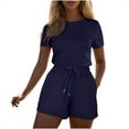 thumbnail image 2 of Women Summer Short Jumpsuit Athletic Crewneck Tie Front Romper with Pocket Loose One Piece High Waist Outfits, Navy, XL, 2 of 5