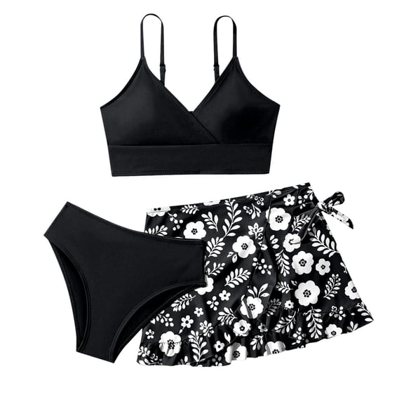 Lullu Girls Swimsuit Adjustable Straps Bikini Set Coverup Skirt Bathing Suit, 3-Piece, Size 9-10