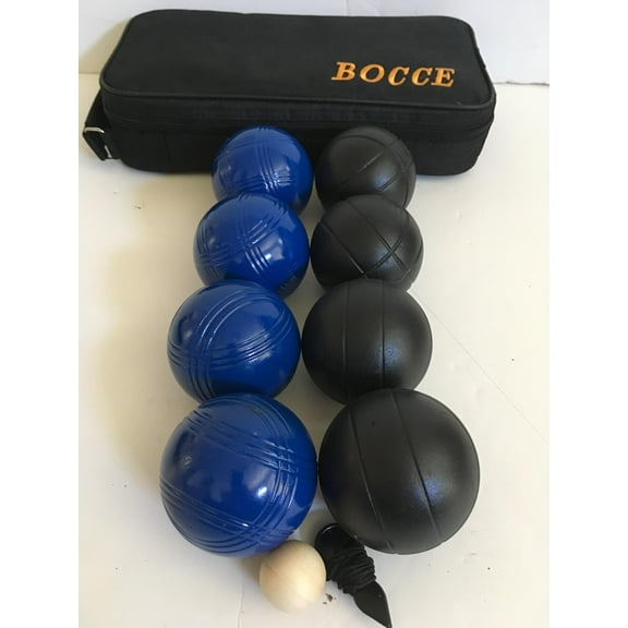 BuyBocceBalls Listing -73mm Metal Bocce/Petanque 8 Ball Set with 4 Blue and 4 Black Balls and Black Bag