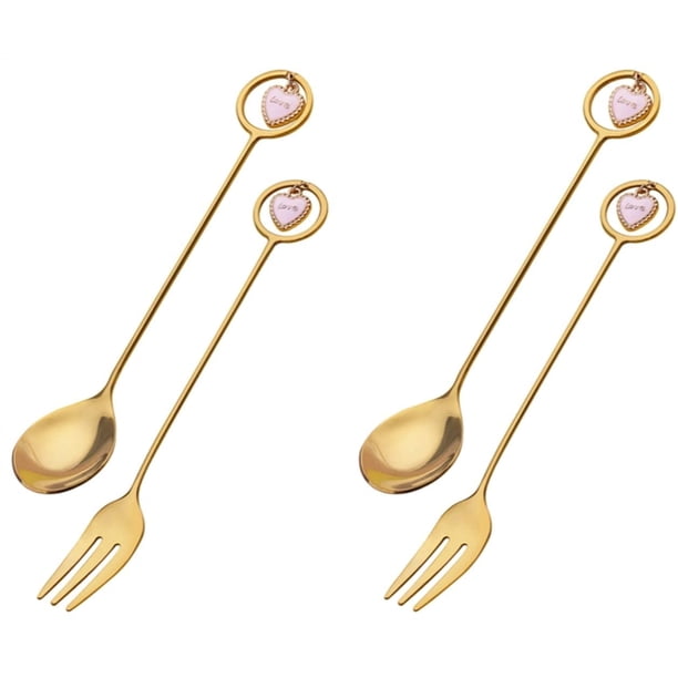 Juego de 4 cucharas y tenedores de acero inoxidable dorado (2 cucharas + 2 tenedores), cuchara mezcladora, cuchara de fruta, tenedor de fruta, tenedor de pastel, forma de corazón brillar Hogar