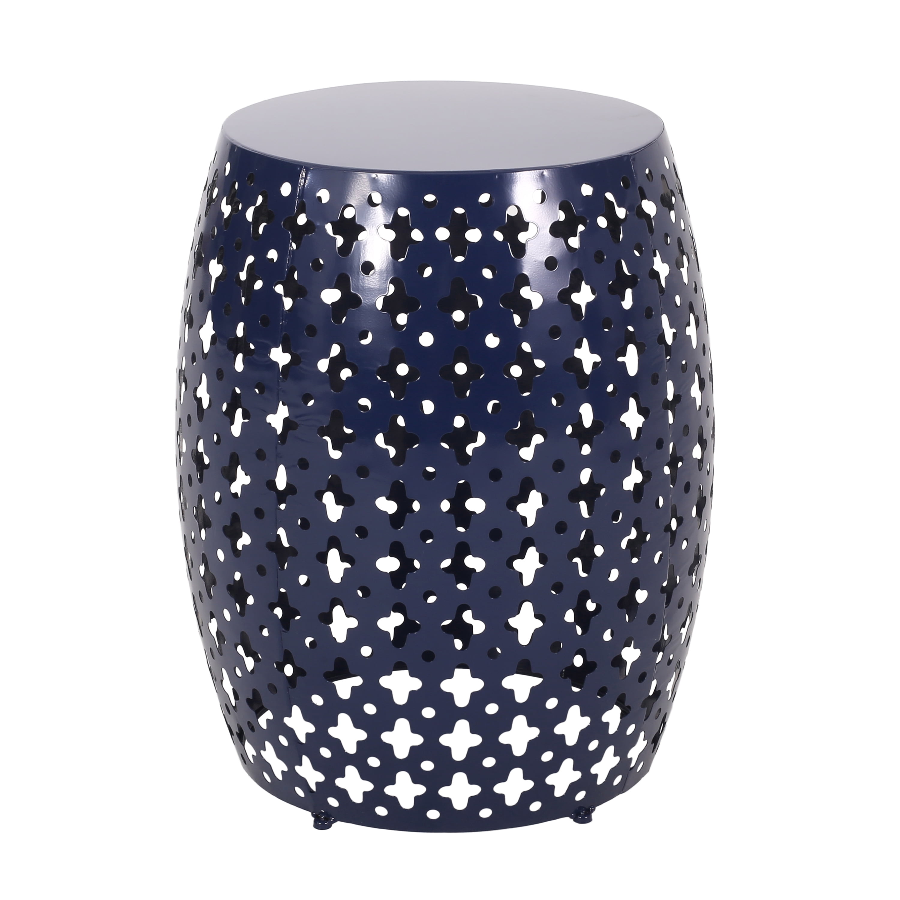 Outdoor Large Cylindrical Side Table, Hollow Out Iron Craft Tabletop for Patio Garden, Navy Blue