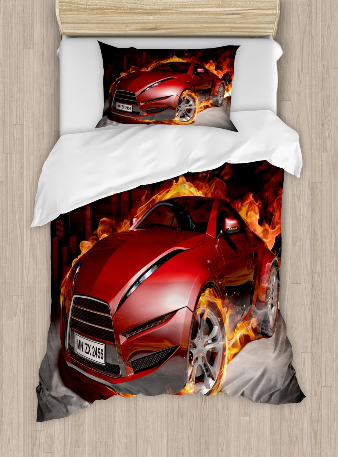Cars Duvet Cover Set Twin Size, Red Sports Car Burnout Tires in Flames