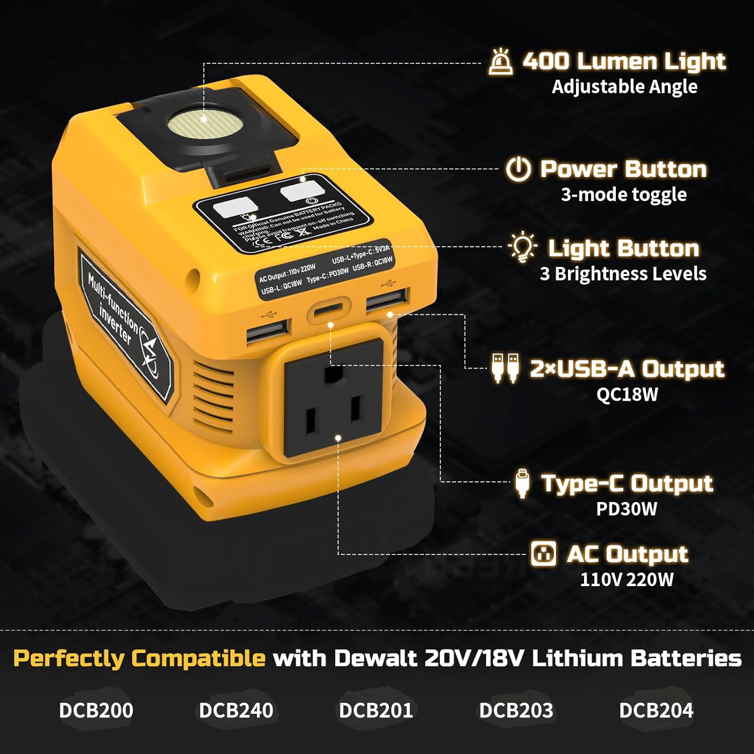 Kzreect 220W Power Inverter Compatible with Dewalt 20V Battery, 110V 220W Output, 2 USB & 400LM LED, Protable Adapter for car, Camping & Emergency Use