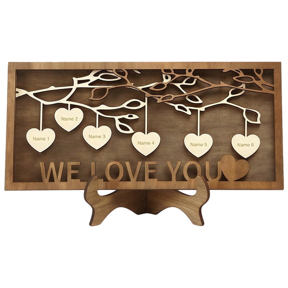 Personalized Family Tree Picture Frame, Customizable Wooden Wall Decor, "WE LOVE YOU" Engraved with 6 Heart-Shaped Name Tags, Ideal Gift for Grandma, Parents, and Grandparents, with Stand