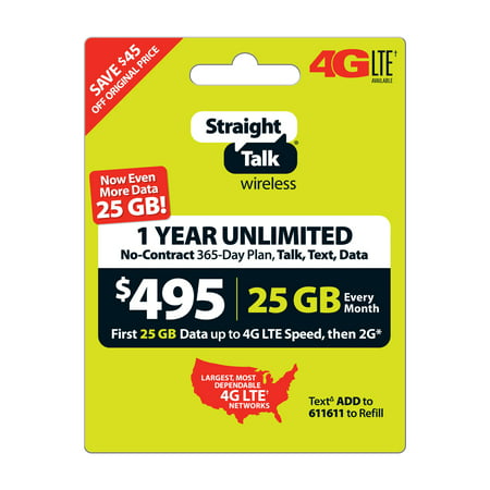Straight Talk $495 Unlimited 1 Year/365 Day Plan (with up to 25GB of data at high speeds, then 2G*) (Email
