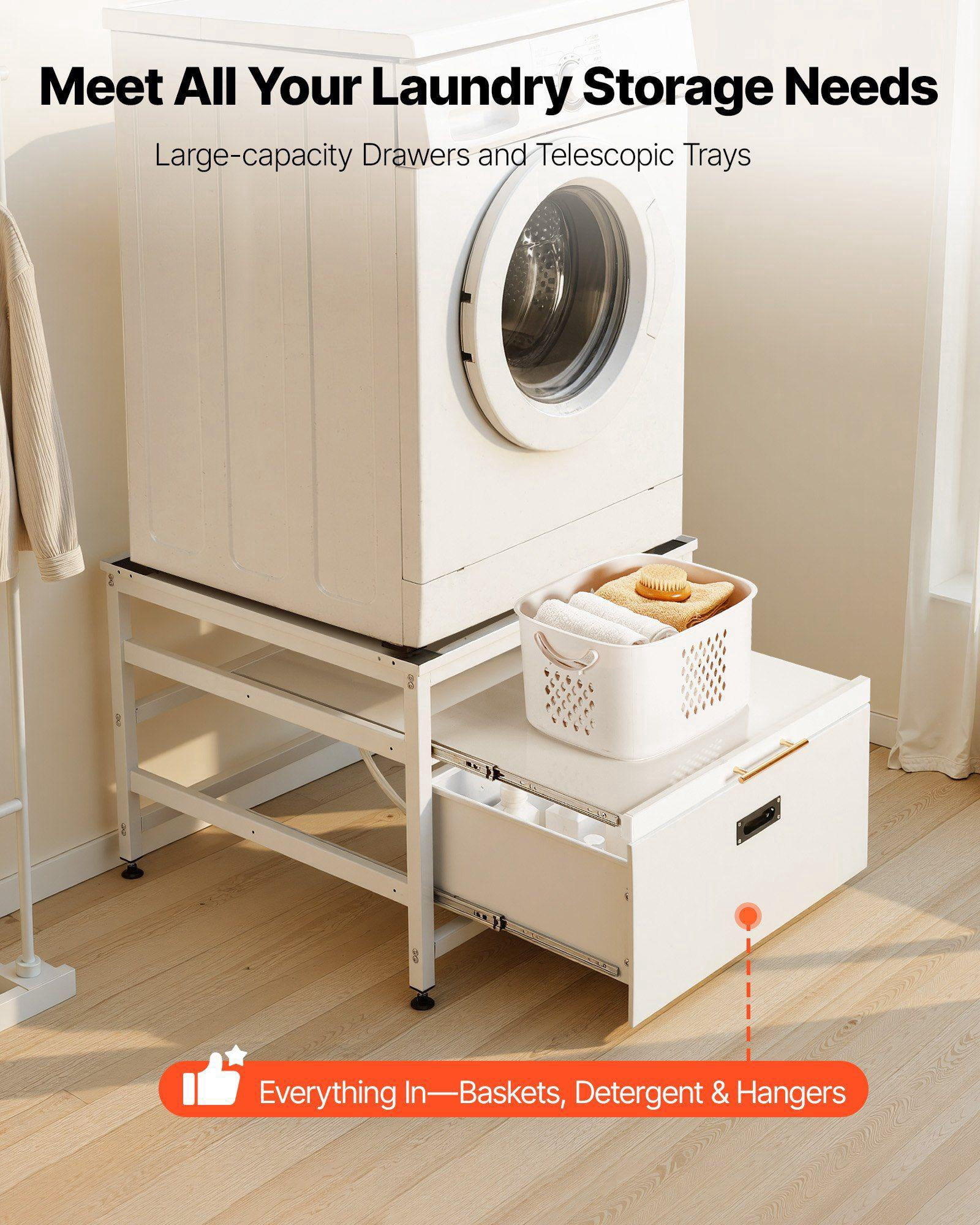 Laundry Pedestal with Pull Out Tray 29x29 Washer Dryer Stand 23 Inch Height 700lb Capacity Non Slip Feet White Storage