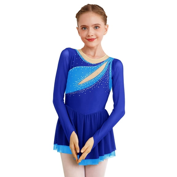 Xnihocha Girl's Ballet Lyrical Modern Dance Dress Sparkly Rhinestone Long Sleeve Figure Skating Dress Royal Blue 12