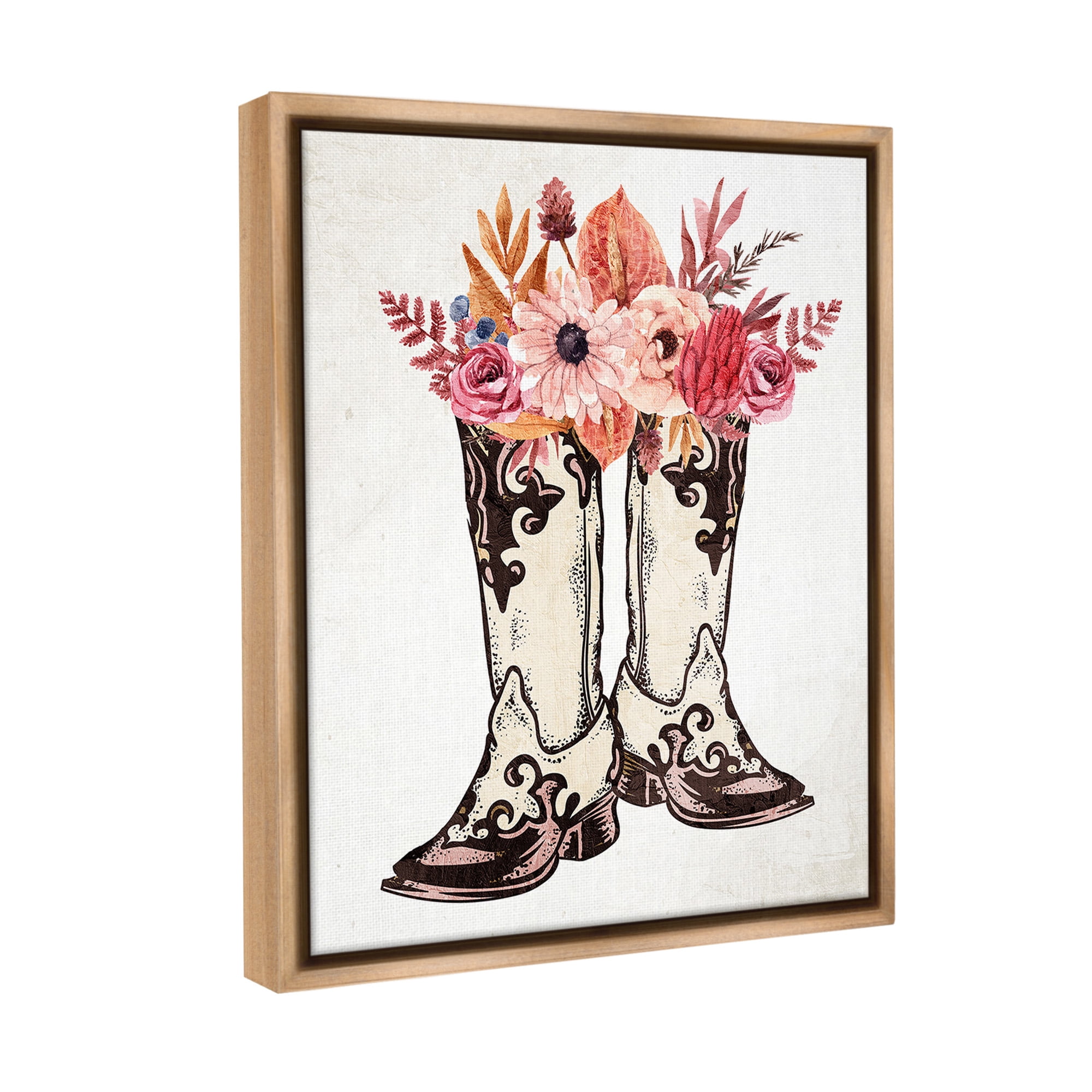 Stupell Industries Rodeo Boot Bouquet Botanical & Floral Painting Brown Floater Framed Canvas Art Print Wall Art, 17 x 21