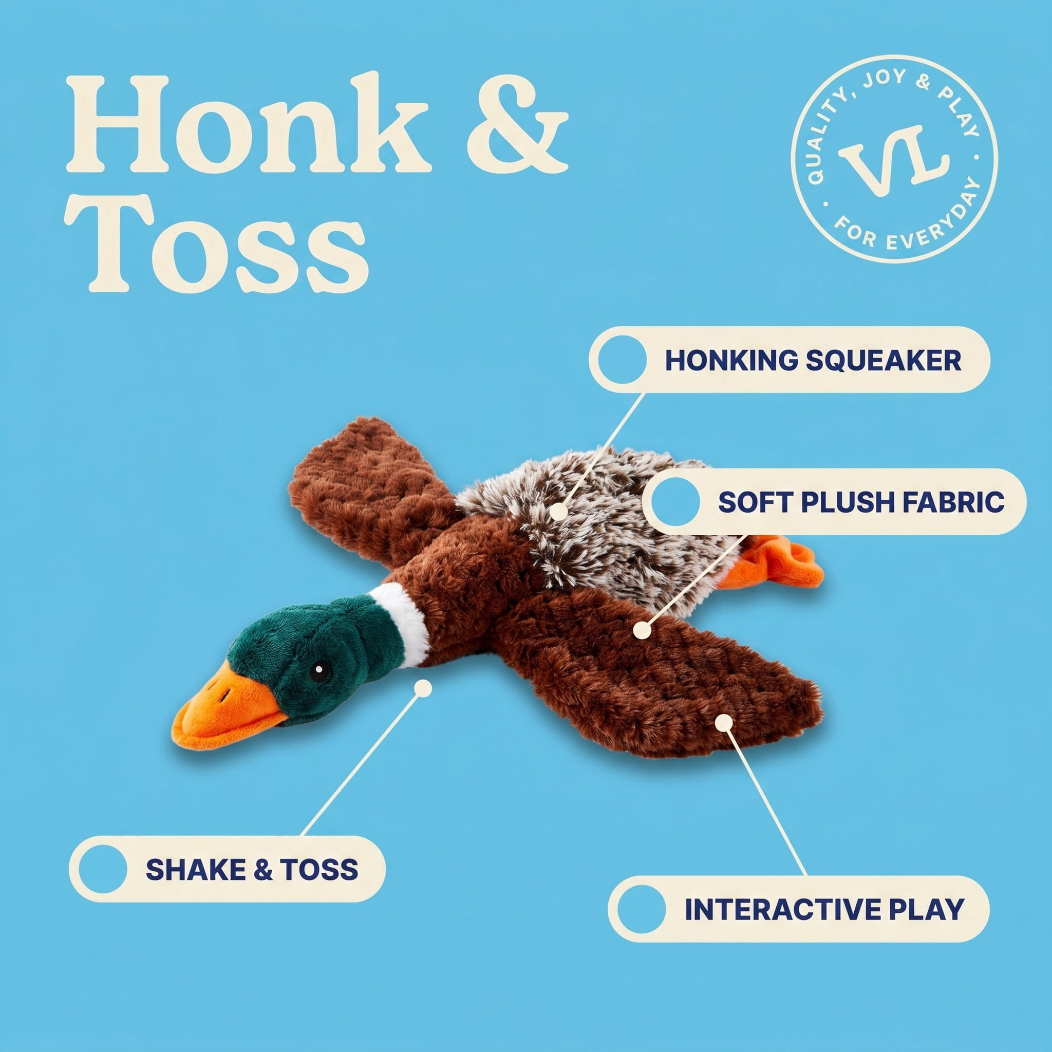 (3 pack) Vibrant Life Multicolor Duck Plush Dog Toy with Honking Squeaker, Chew Level 1