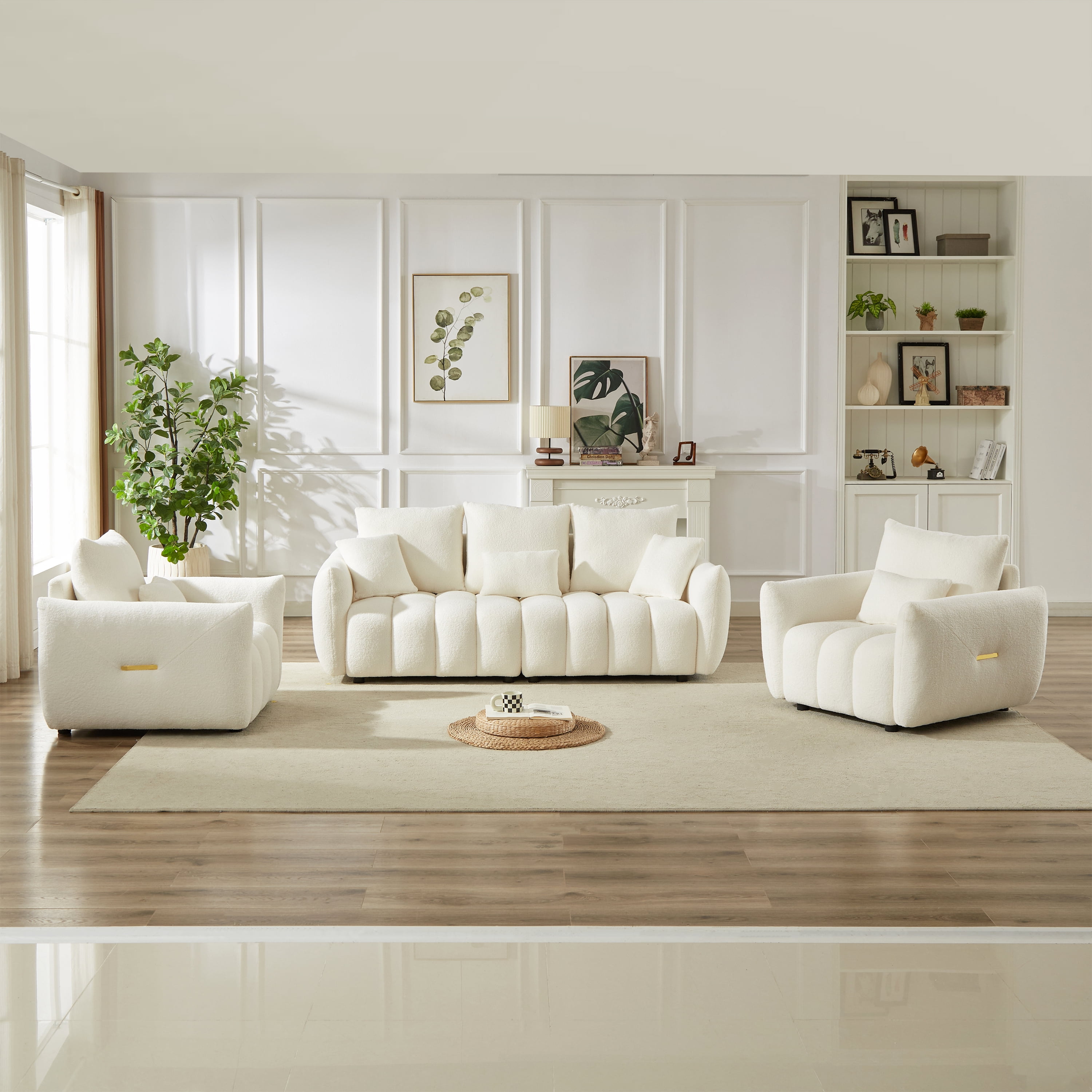 Combo Sofa Set 3+1+1 Seater with 5 Cushions, Teddy Fleece Wooden Frame Modern Living Room Sofa for Apartment, Beige