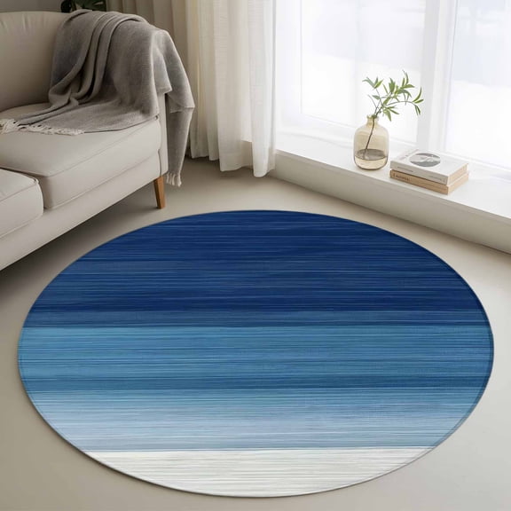 Navy Blue Ombre Round Area Rug 3 FT,Small Kitchen Bathroom Mats,Modern Abstract Art Blue White Striped Washable Indoor Outdoor Throw Runner Carpet Non-Shedding Doormat for Table Shower Sofa Entryway