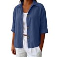 thumbnail image 2 of Sheghy Womens Tops Oversized Urban Solid Cotton Linen Lapel Button Curved Hem 3/4 Sleeve Outer Shirt Blue L, 2 of 7