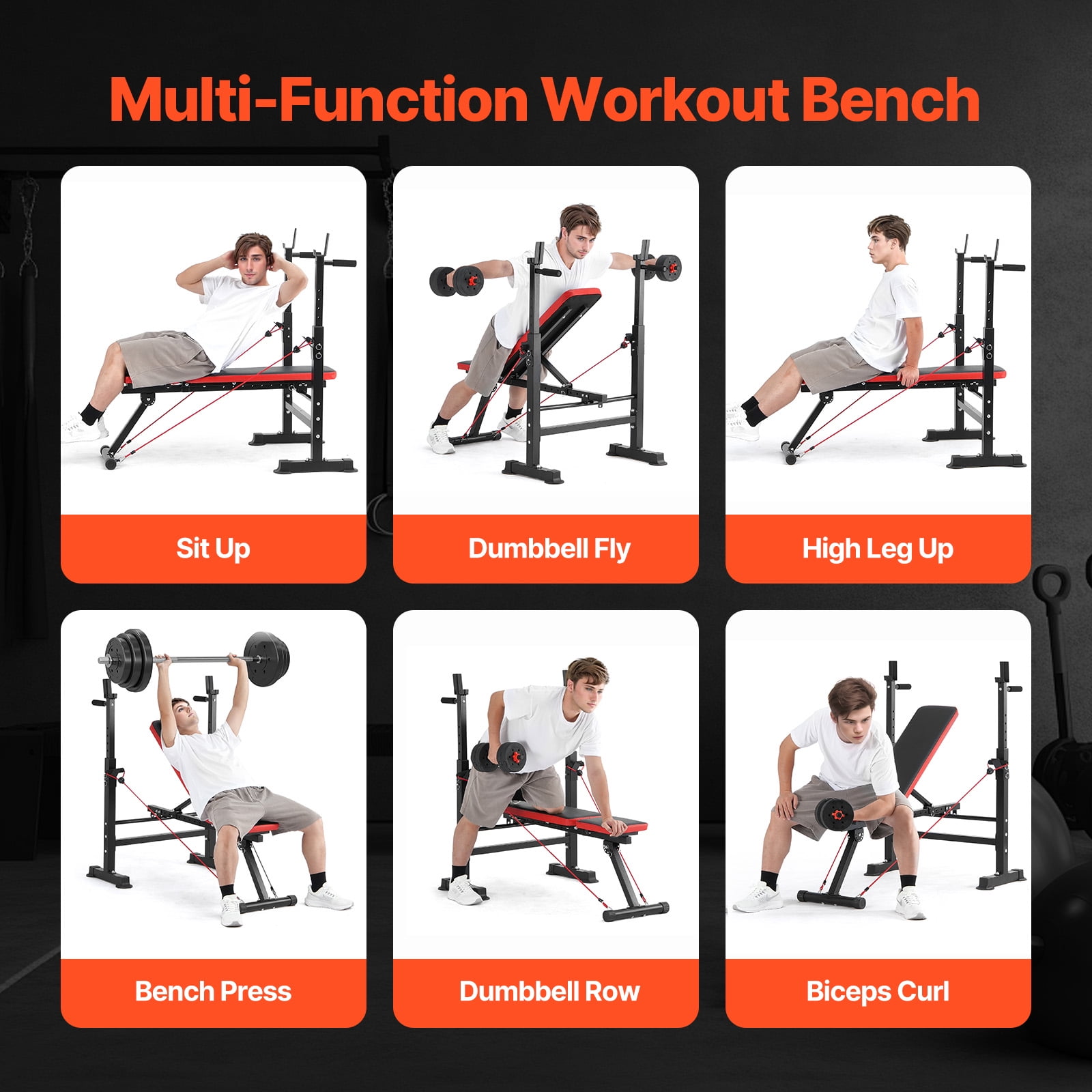 KFFKFF 6-Function Weight Bench Kit, 600lbs Customizable Exercise Bench Press, Home Gym Strength Training Sit-up Bench, Swiftly Foldable Incline Decline Flat Bench