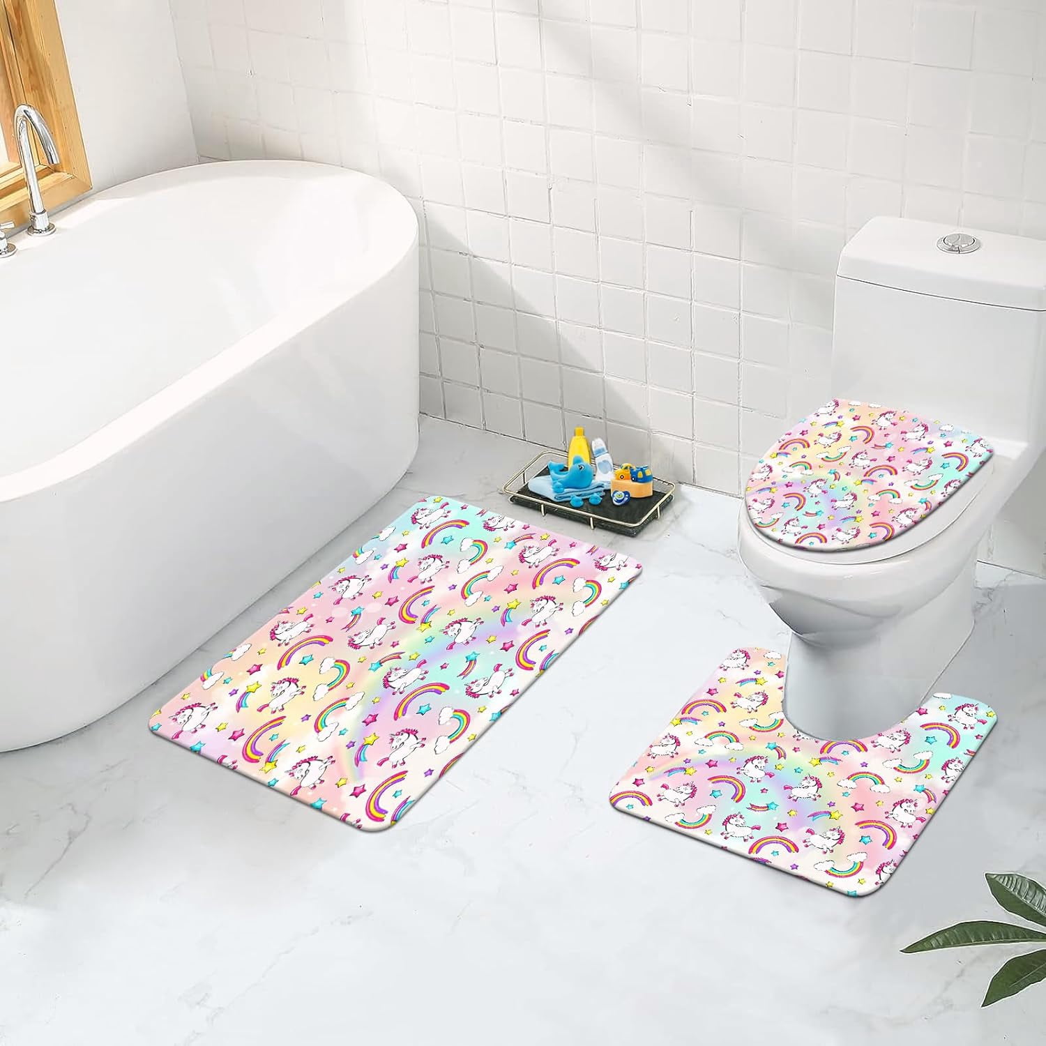 4 Pcs Kids Bathroom Set Pink Unicorn Rainbow Shower Curtain Sets with Non-Slip Rugs Toilet Lid Cover and Bath Mat Set, Kids Girl Bathroom Decor with 12 Hooks