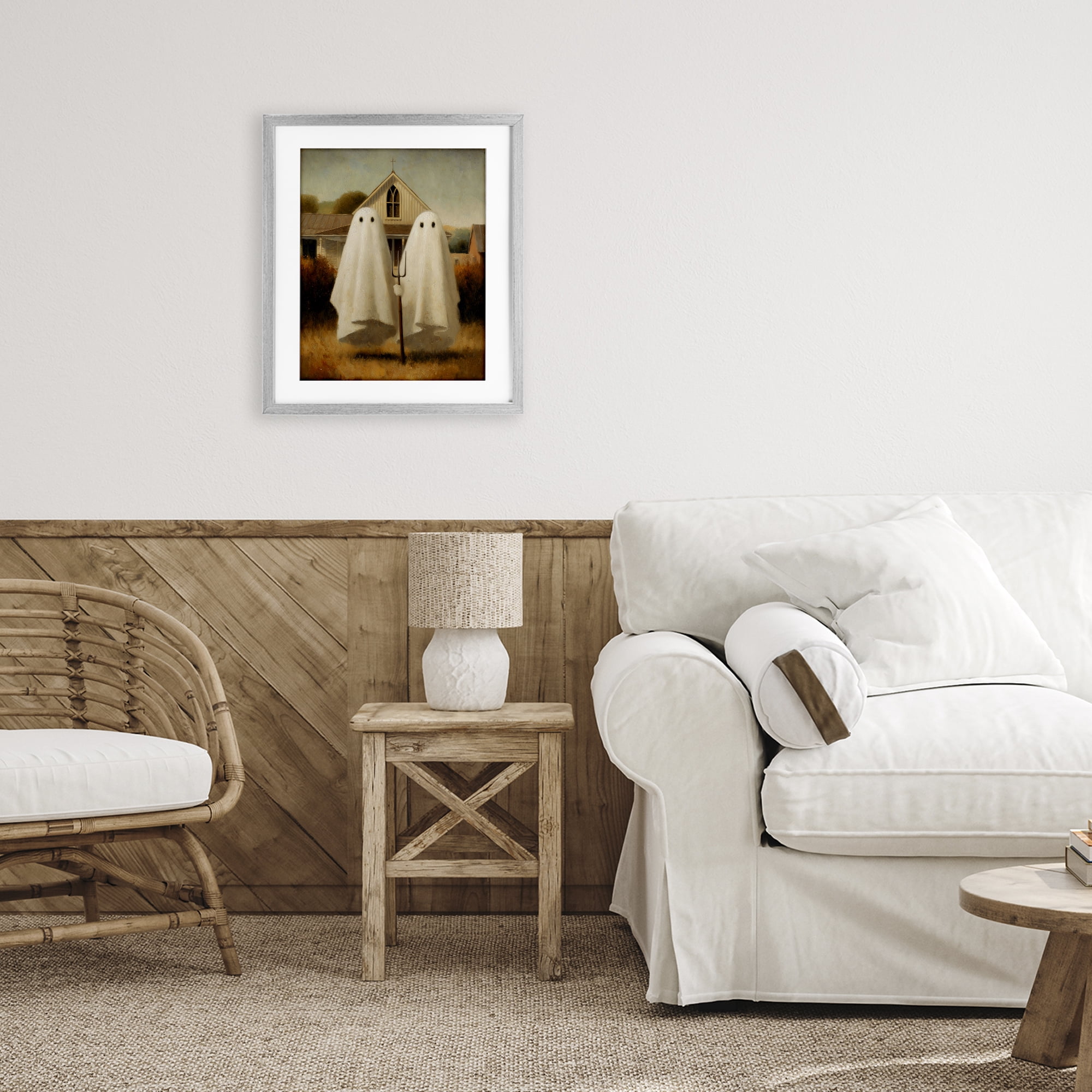 American Gothic Ghosts Gray Framed Print Under Glass, design by Arlington Prints