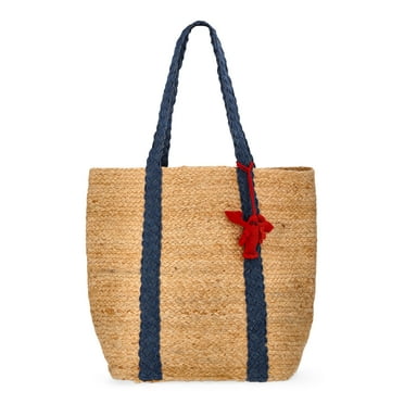 No Boundaries Women's Beach Icons Jute Tote Bag, Natural with Blue Denim