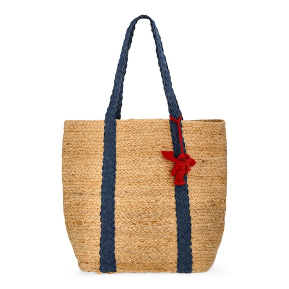 No Boundaries Women's Beach Icons Jute Tote Bag, Natural with Blue Denim