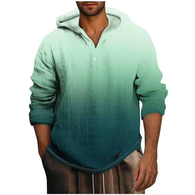 ameIAEA Mens Fall Hooded Sweatshirts Long Sleeve Button Pullover Tops Gradient Color Casual Shirts